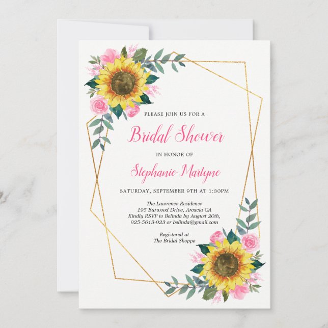 Bridal Shower Sunflowers Geometric Floral Pink Invitation (Front)