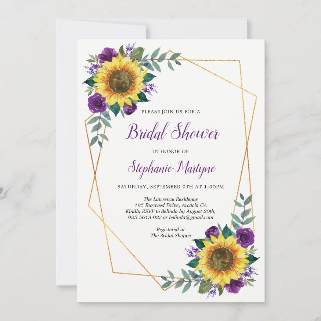 Bridal Shower Sunflowers Geometric Floral Purple Invitation (Front)