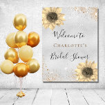 Bridal Shower sunflowers silver gold welcome Poster<br><div class="desc">A faux silver looking background decorated with faux gold and silver glitter,  sparkles  and sunflowers. Personalise and add a name. Black and golden text.</div>