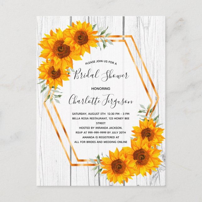 Bridal Shower sunflowers wood gold geometrical Postcard (Front)