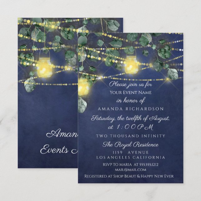 Bridal Shower Sweet 16 Blue Navy Jars Light Invitation (Front/Back)