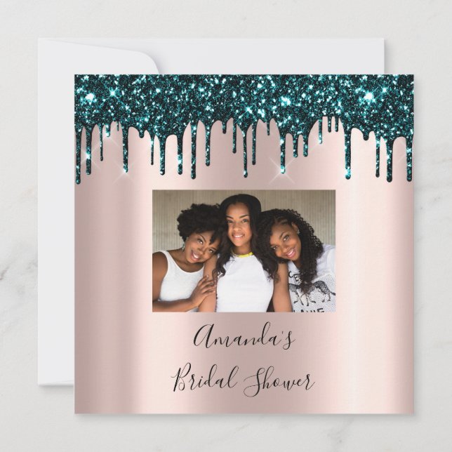 Bridal Shower Sweet 16th Drips Rose Teal Photo Invitation (Back)