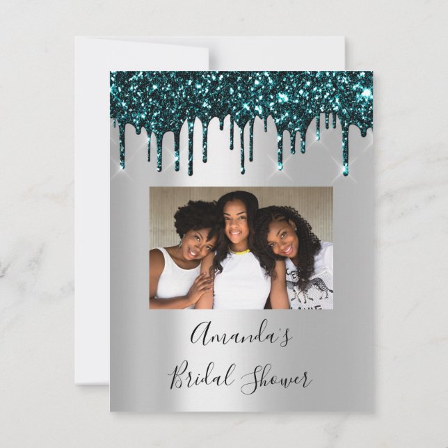 Bridal Shower Sweet 16th Drips Silver Teal Photo Invitation (Back)
