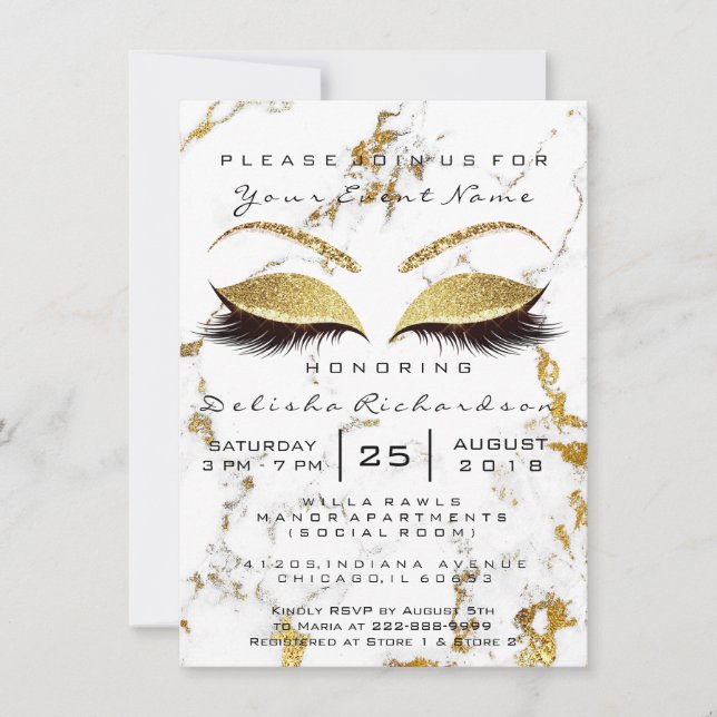 Bridal Shower Sweet 16th Eyes Makeup Gold Marble Invitation (Front)