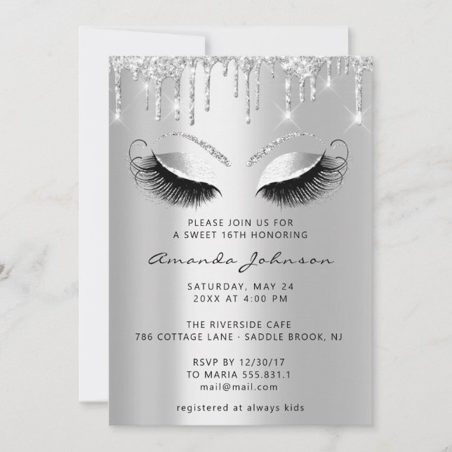 Bridal Shower Sweet 16th Glitter Lash Silver Drips Invitation (Front)
