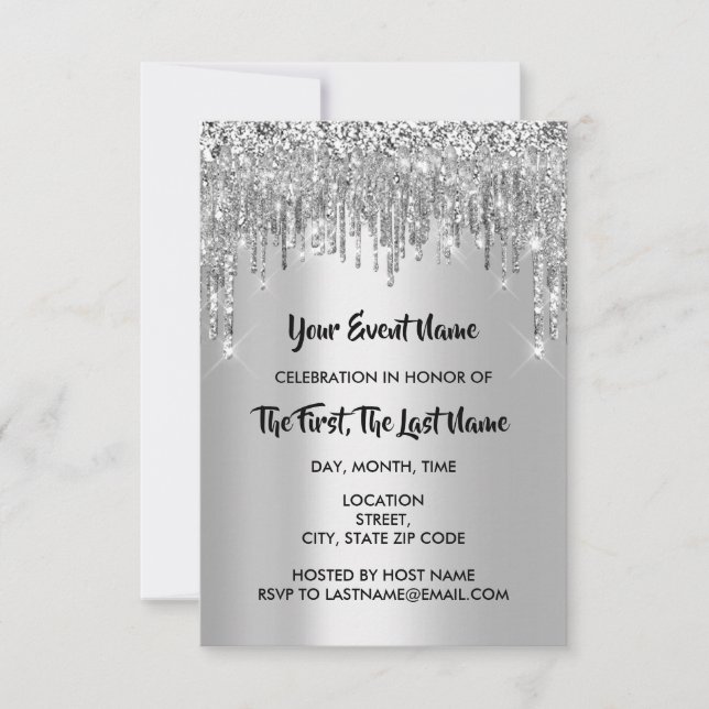 Bridal Shower Sweet 16th Grey Silver Glitter Drips Invitation (Front)