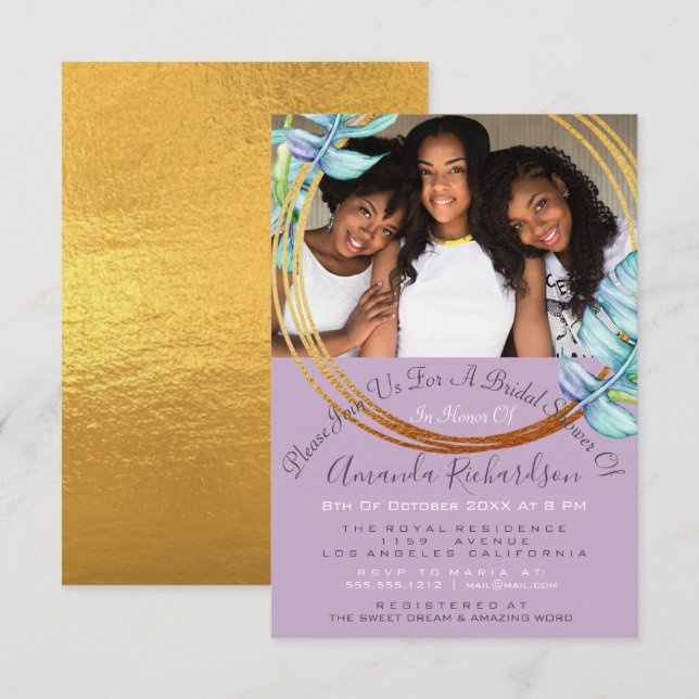 Bridal Shower Sweet 16th Photo Lavende Gold Floral Invitation (Front/Back)