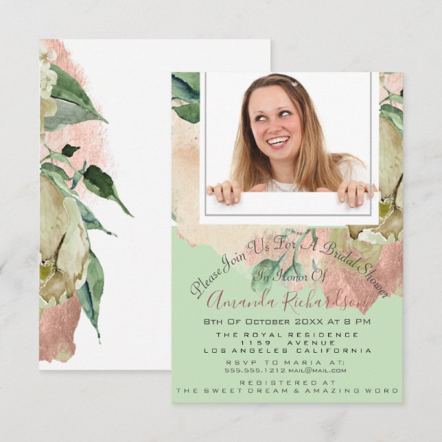 Bridal Shower Sweet 16th Photo Mint Peach Floral Invitation (Front/Back)