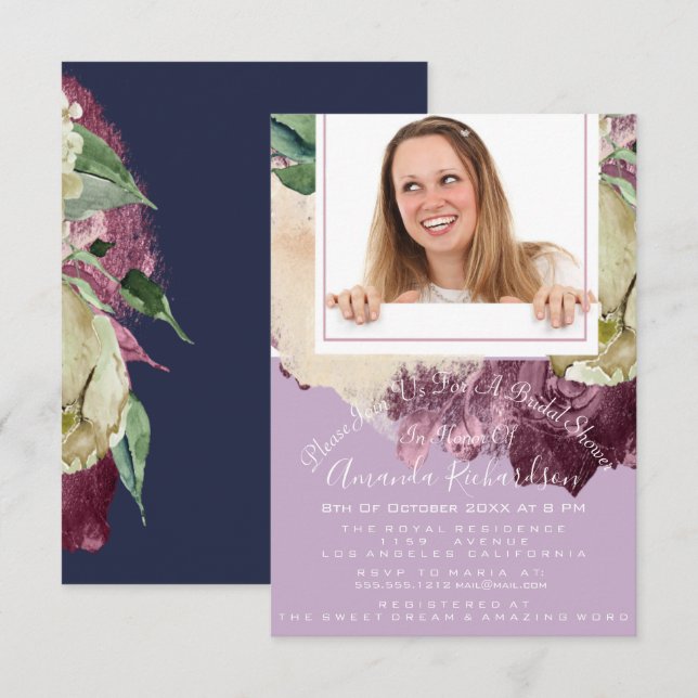 Bridal Shower Sweet 16th Photo Navy Purple Floral Invitation (Front/Back)