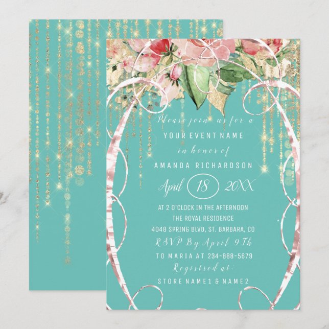 Bridal Shower Sweet 16th Pink Rose Florals Aqua Invitation (Front/Back)