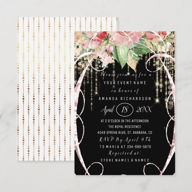 Bridal Shower Sweet 16th Pink Roses Blush Black Invitation (Front/Back)