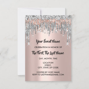 Bridal Shower Sweet 16th Rose Silver Glitter Drip Invitation