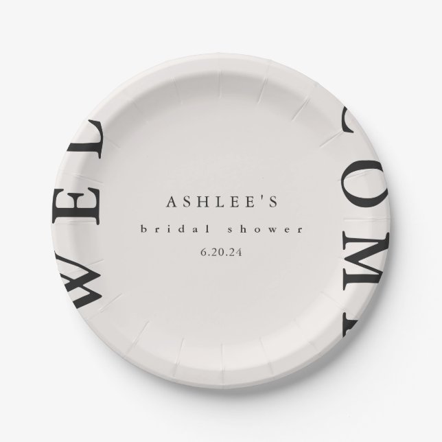Bridal Shower Taupe and Black Typography Welcome  Paper Plate (Front)
