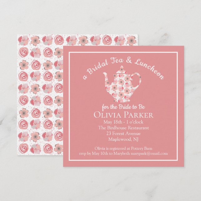 Bridal Shower Tea and Luncheon Teapot Invitation (Front/Back)