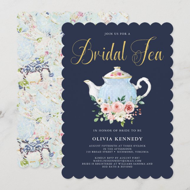 Bridal Shower Tea Elegant Blush Floral Gold  Invitation (Front/Back)