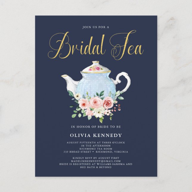 Bridal Shower Tea Elegant Blush Floral Gold Invite Postcard (Front)