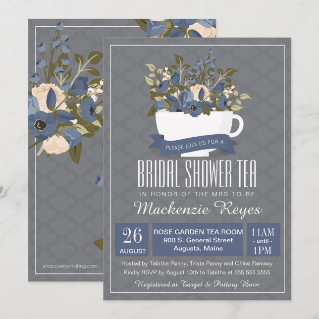 Bridal Shower Tea Invitation, Tea Party Invitation (Front/Back)