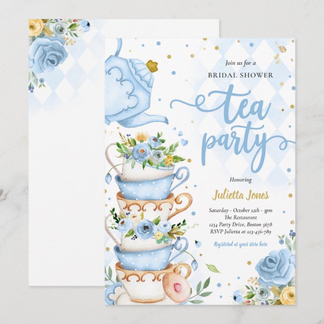 Bridal Shower Tea Party Blue And Gold Floral  Invitation (Front/Back)