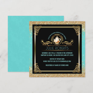 Bridal Shower Tea Party Blue Gold Glitter Invitation