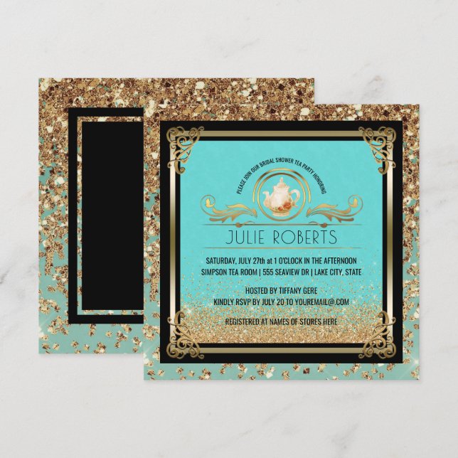 Bridal Shower Tea Party Blue Gold Invitation (Front/Back)