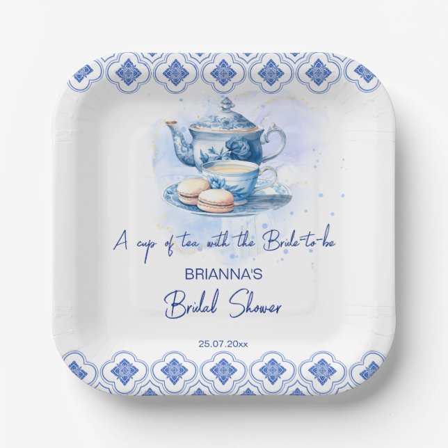 Bridal shower tea party blue tiles tea pot paper plate (Front)