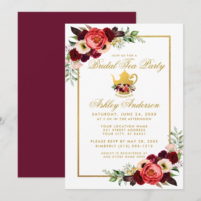 Bridal Shower Tea Party Burgundy Boho Floral Gold Invitation (Front/Back)