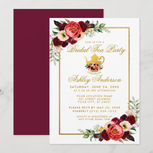 Bridal Shower Tea Party Burgundy Boho Floral Gold Invitation