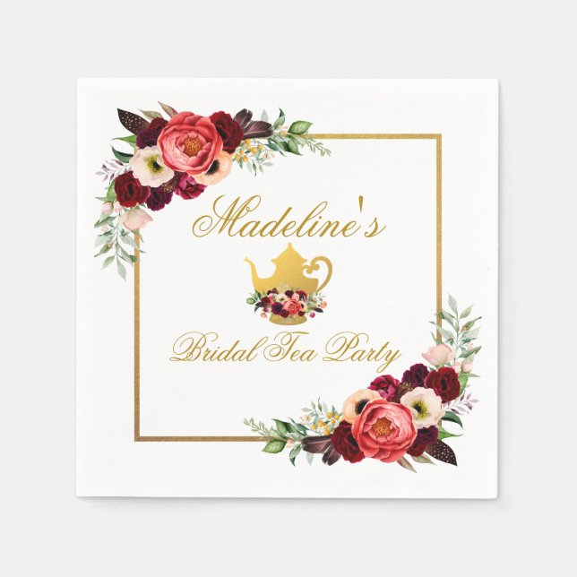 Bridal Shower Tea Party Burgundy Boho Floral Gold Napkin (Front)