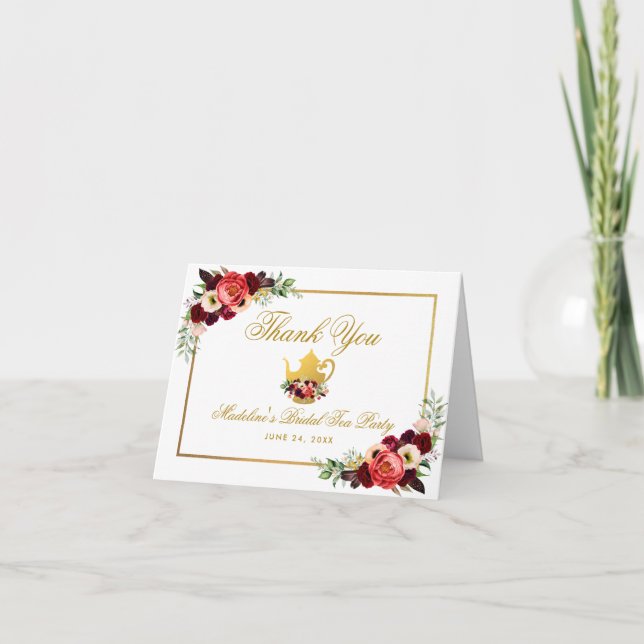 Bridal Shower Tea Party Burgundy Boho Floral Note Card (Front)