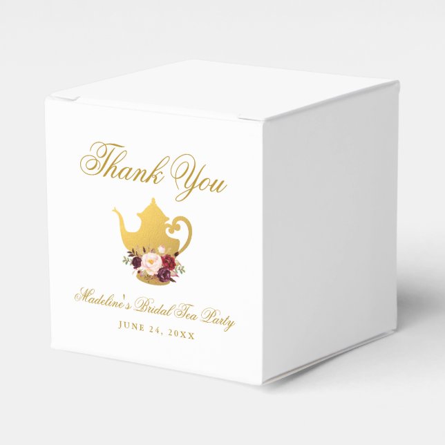 Bridal Shower Tea Party Burgundy Floral Gold Favour Box (Front Side)