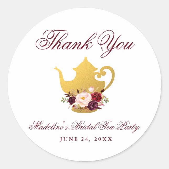 Bridal Shower Tea Party Burgundy Floral Thank You Classic Round Sticker (Front)