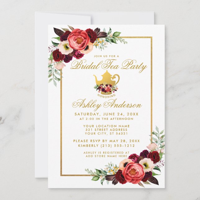 Bridal Shower Tea Party Burgundy Gold Boho Floral Invitation (Front)
