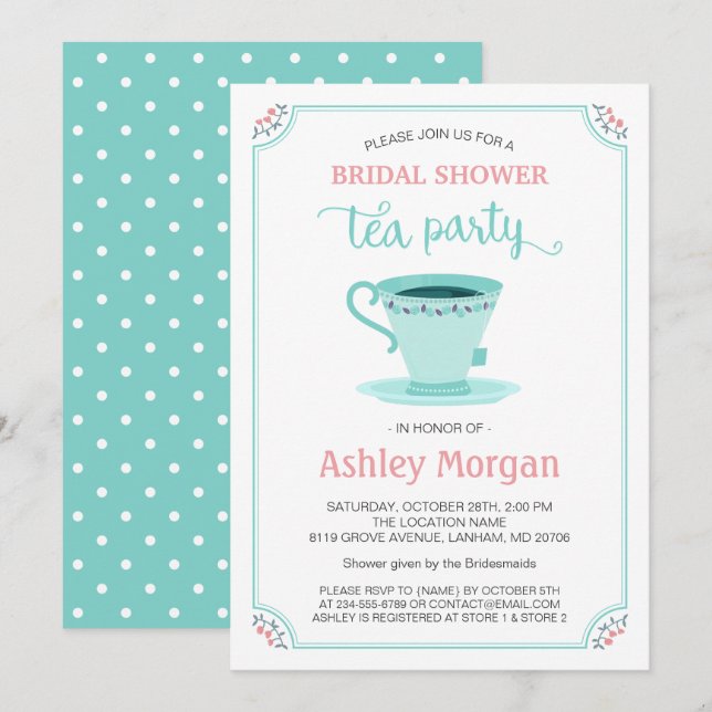 Bridal Shower Tea Party Floral Light Pink Mint Invitation (Front/Back)