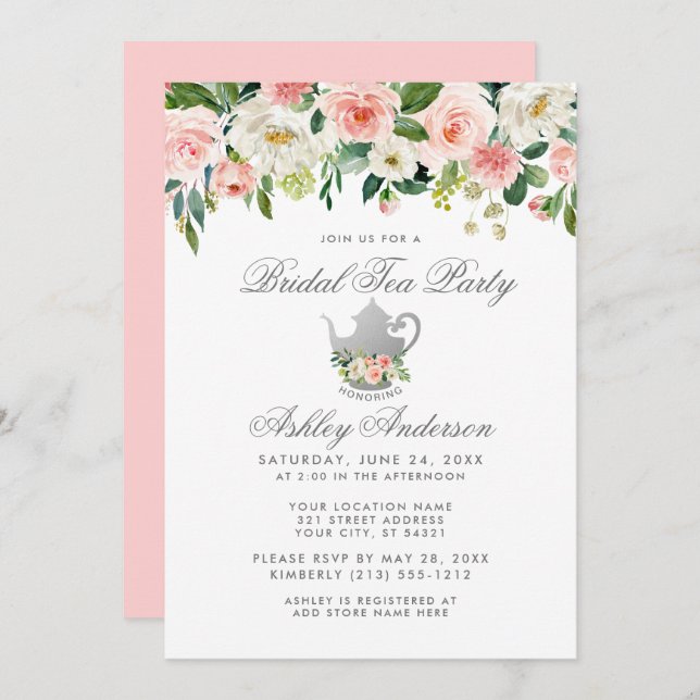 Bridal Shower Tea Party Floral Pink Silver Invite (Front/Back)