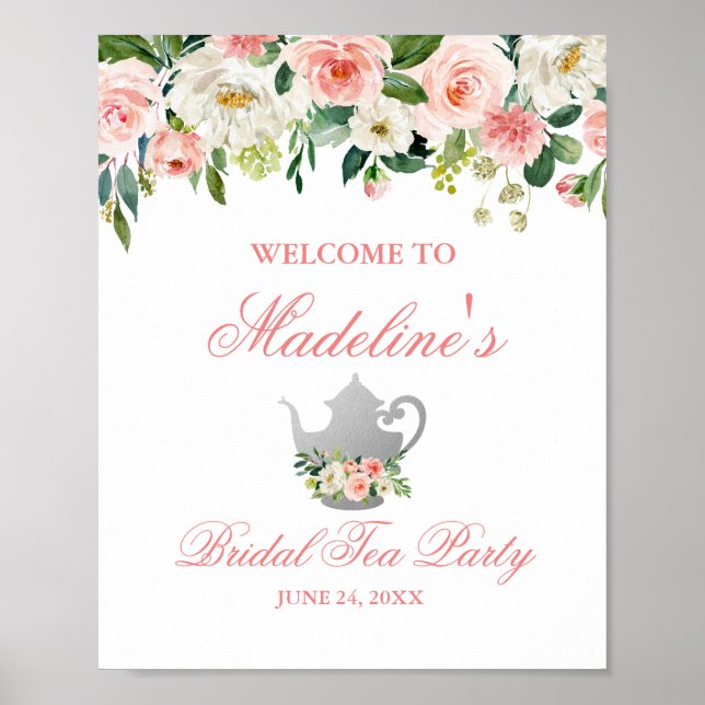 Bridal Shower Tea Party Floral Pink Silver Welcome Poster (Front)