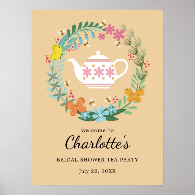 Bridal Shower Tea Party Floral Wreath Welcome Poster (Front)