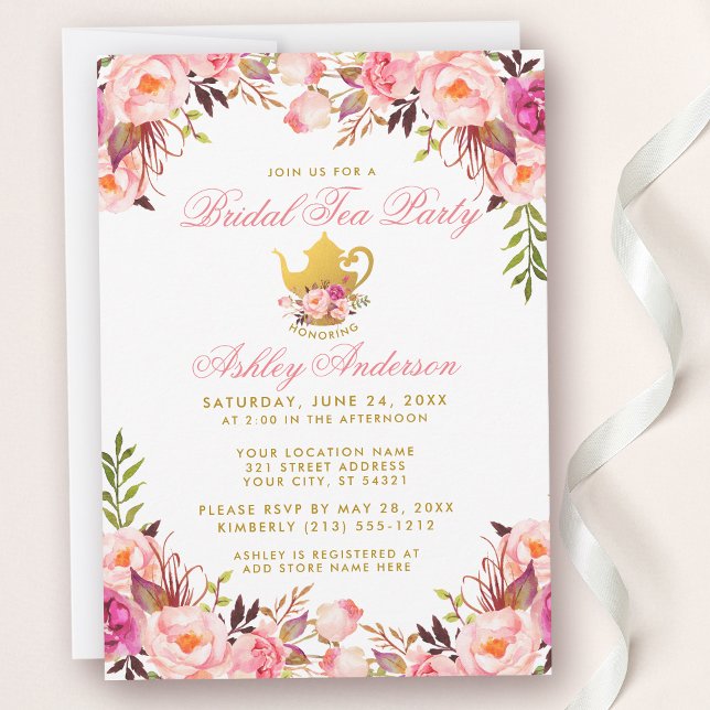 Bridal Shower Tea Party Gold Pink Floral Invitation (Customize to change text color or text style.)