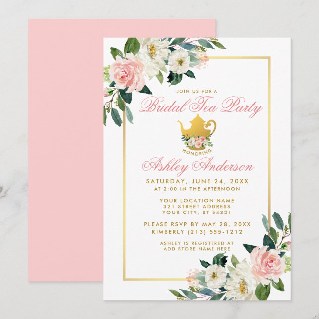 Bridal Shower Tea Party Gold Pink Floral Invite (Front/Back)