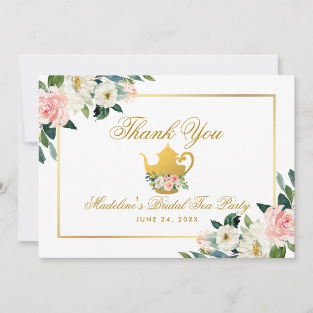 Bridal Shower Tea Party Gold Pink Floral Thanks Thank You Card (Front)