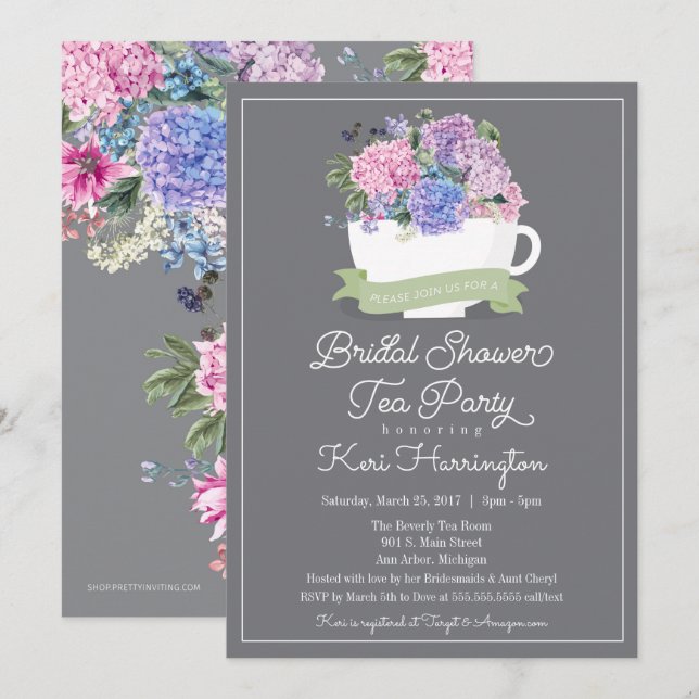 Bridal Shower Tea Party Invitation and Hydrangeas (Front/Back)