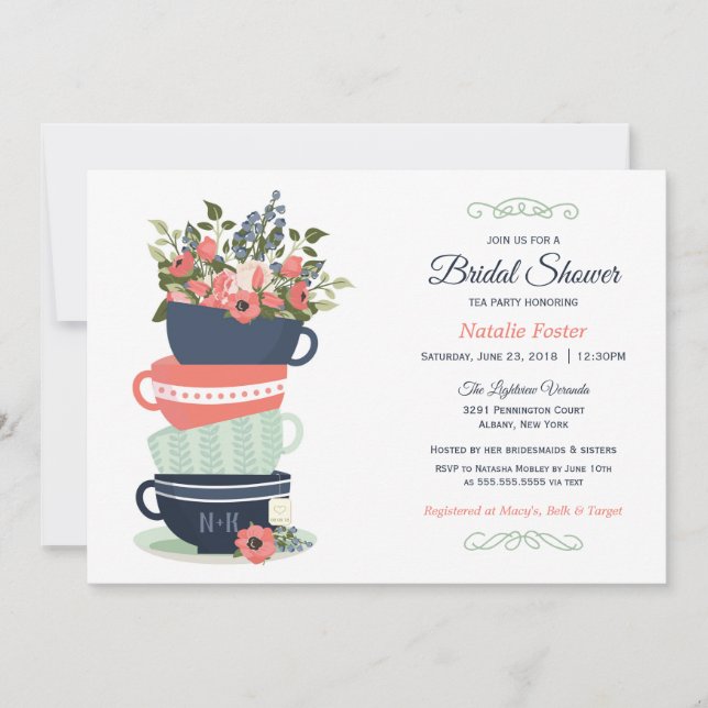 Bridal Shower Tea Party Invitation | Blue & Coral (Front)
