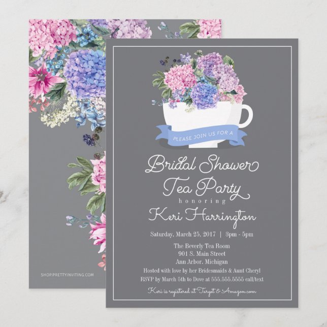 Bridal Shower Tea Party Invitation Blue Hydrangea (Front/Back)
