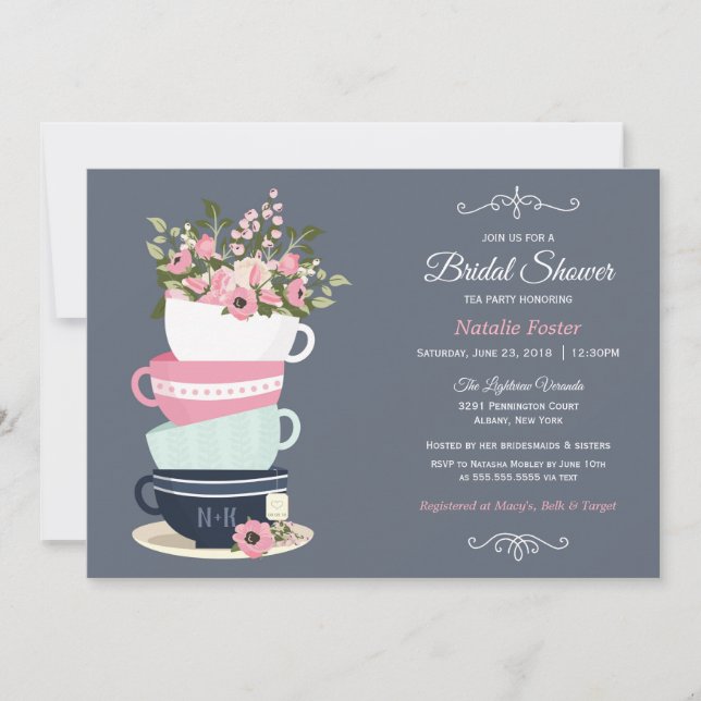 Bridal Shower Tea Party Invitation | Blue & Pink (Front)