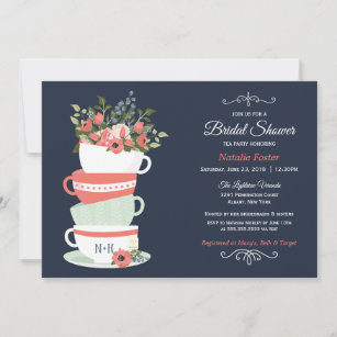 Bridal Shower Tea Party Invitation   Navy & Coral
