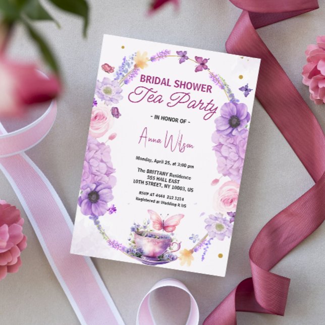 Bridal Shower Tea Party Lavender Lilac Butterfly Invitation (Bridal Shower Tea Party tea garden )