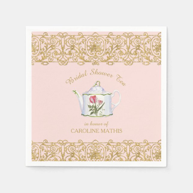 Bridal Shower Tea Party Luncheon Pink Gold Floral Napkin (Front)