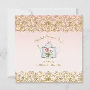 Bridal Shower Tea Party Luncheon Pink Gold Glitter Invitation