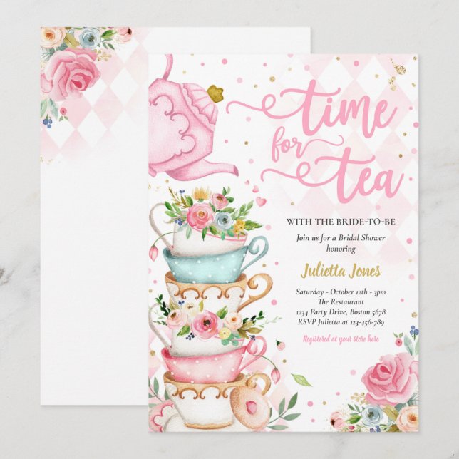 Bridal Shower Tea Party Pink And Gold Floral Invitation (Front/Back)