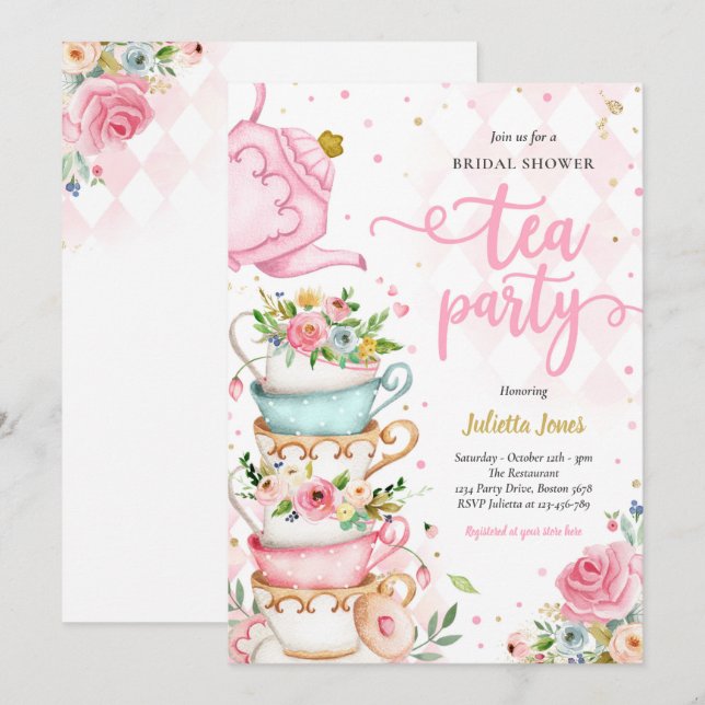 Bridal Shower Tea Party Pink And Gold Floral  Invitation (Front/Back)