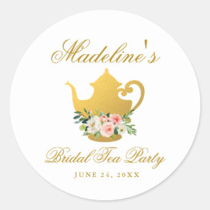 Bridal Shower Tea Party Pink Floral Gold Classic Round Sticker